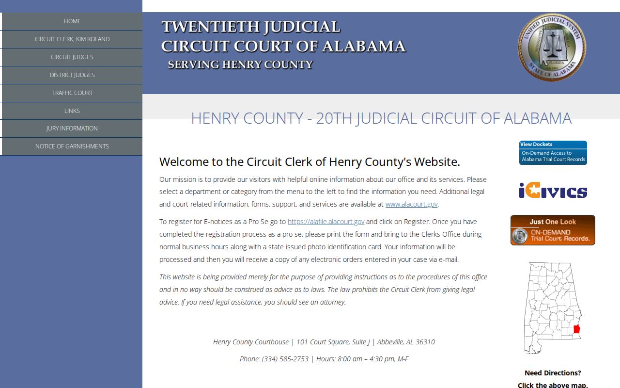 Henry County court docket clerk home and courthouse information
