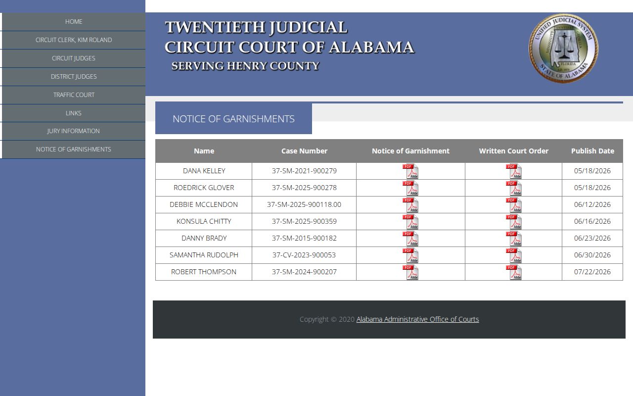 Henry County civil court docket official garnishment publication