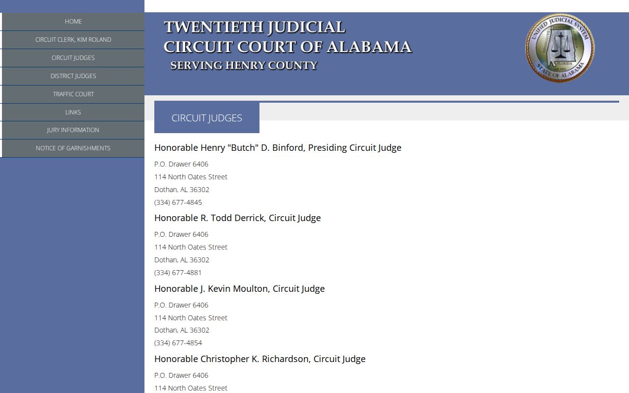 Henry County criminal court docket 20th Judicial Circuit judge roster